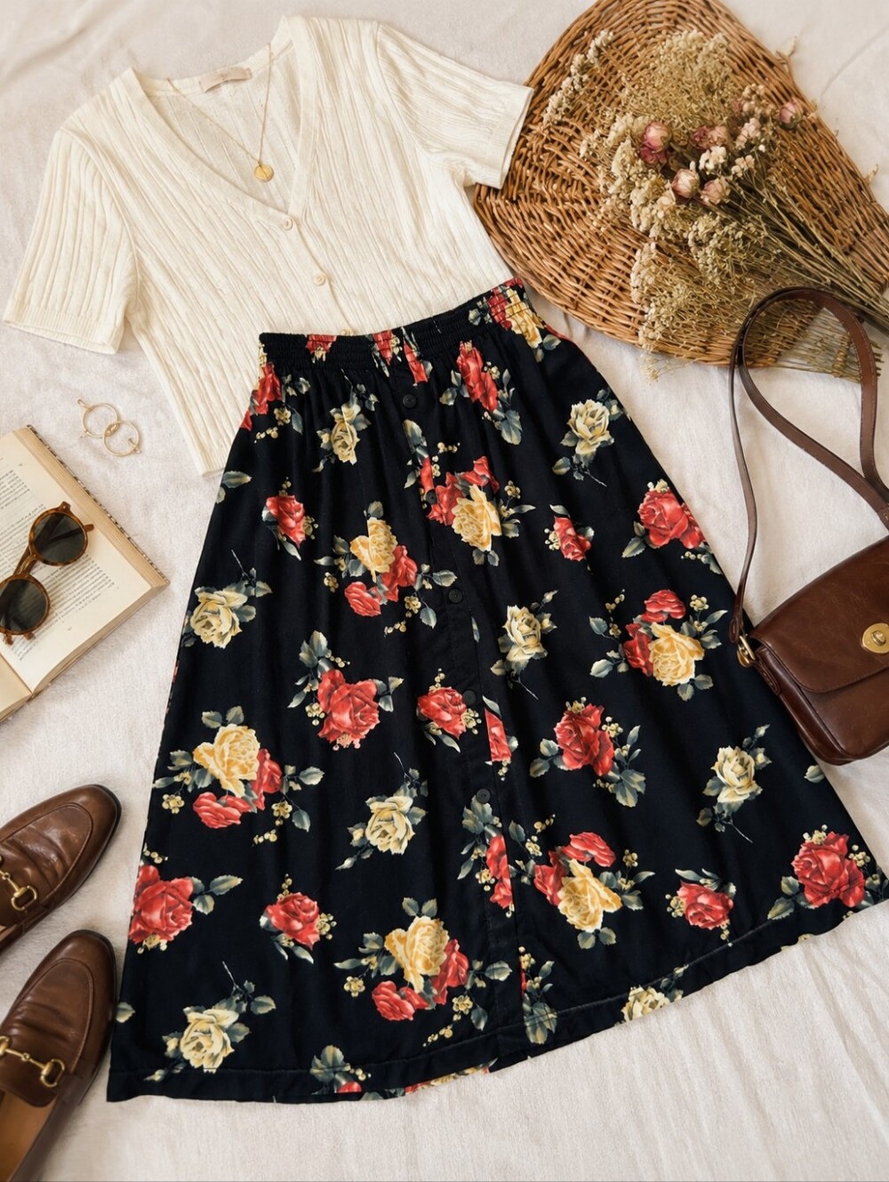 Vintage Granny Skirt Black Floral Button Front Midi Small